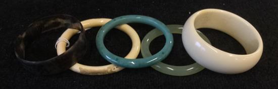 Japanese Meiji ivory bangle, carved with two monkeys & four other bangles, inc jade examples (5)